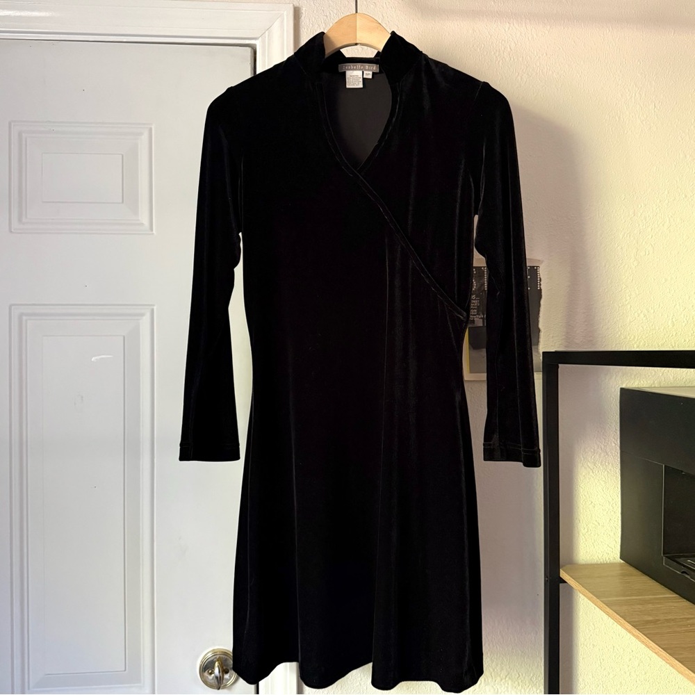 ISABELLA BIRD black knit velvet velour mandarin collar‎ long sleeve mini dress